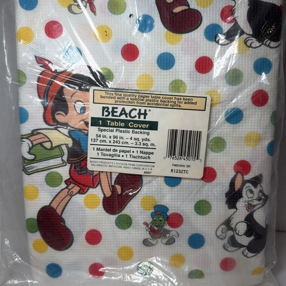 Disney Pinocchio Party Vintage BEACH Plastic Backed Table Cover 54
